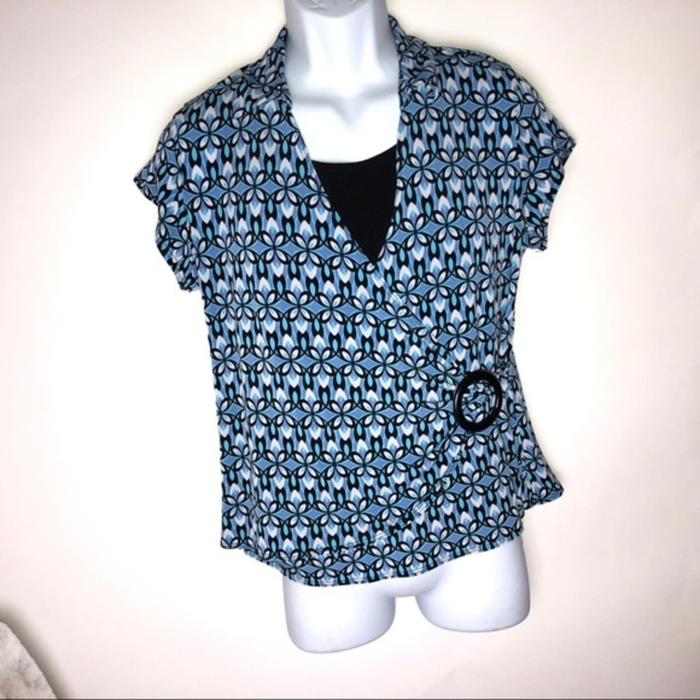 Bay Studio Career Petite Shirt Blue Geometric Shapes Black Goth &‎ Buckle PXL